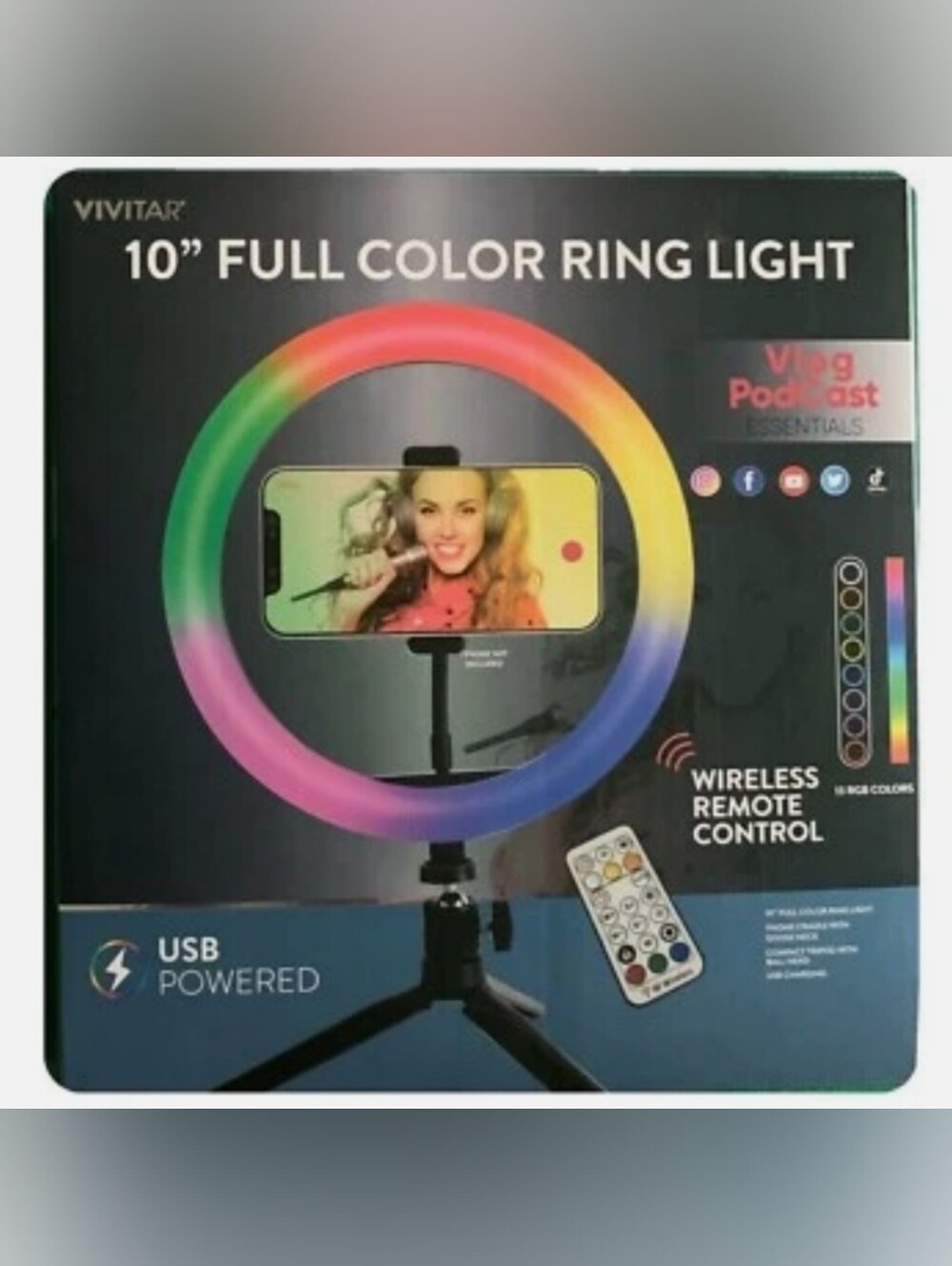 Vivitar 8 Inch Full Color Ring Light with Wireless Remote for Vlog Podcast NIB
